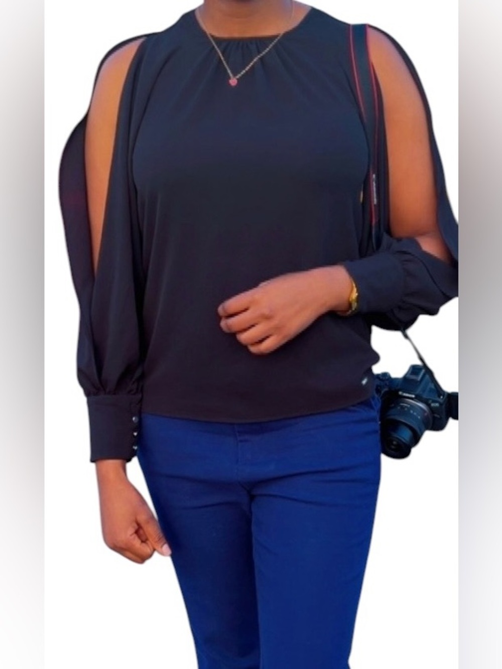Morgan de Toi Black Puff-Sleeve Keyhole Blouse (006)